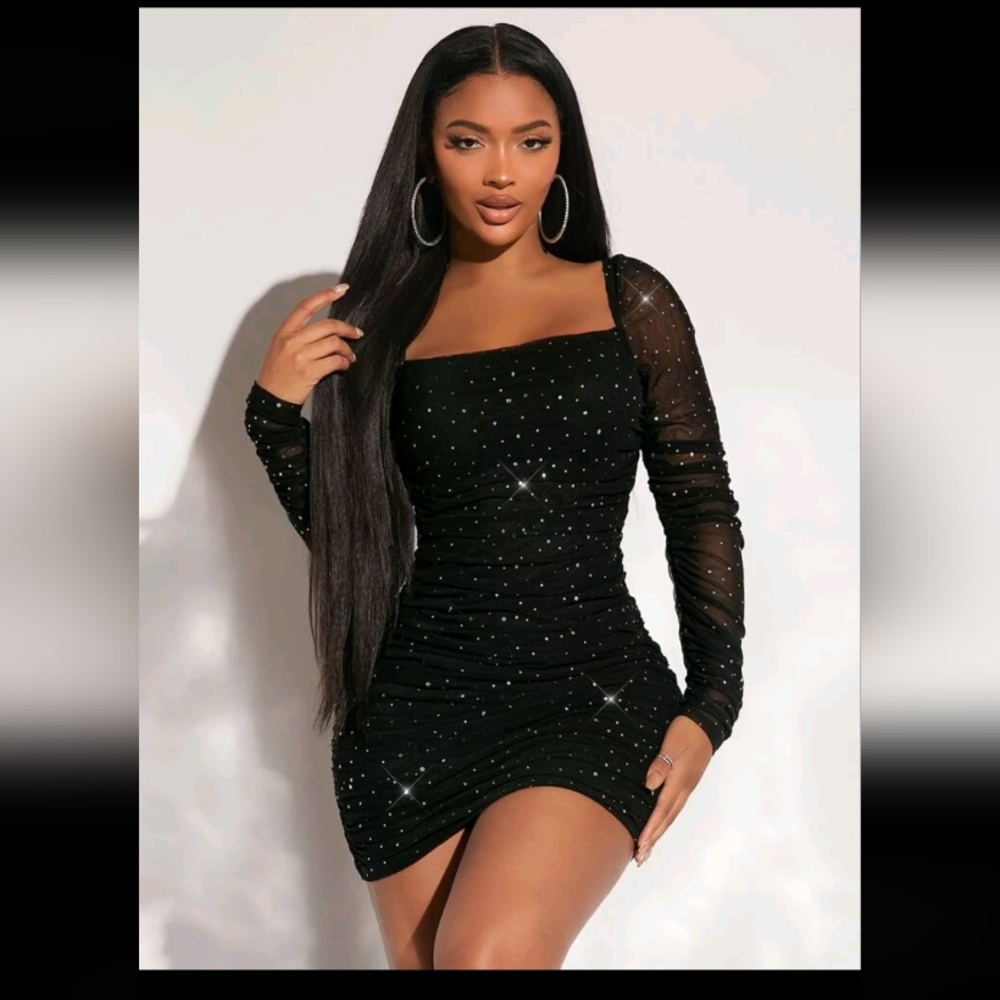 SHEIN SXY Square Neck Ruched Sequin Mesh Bodycon Dress - Size M(6)